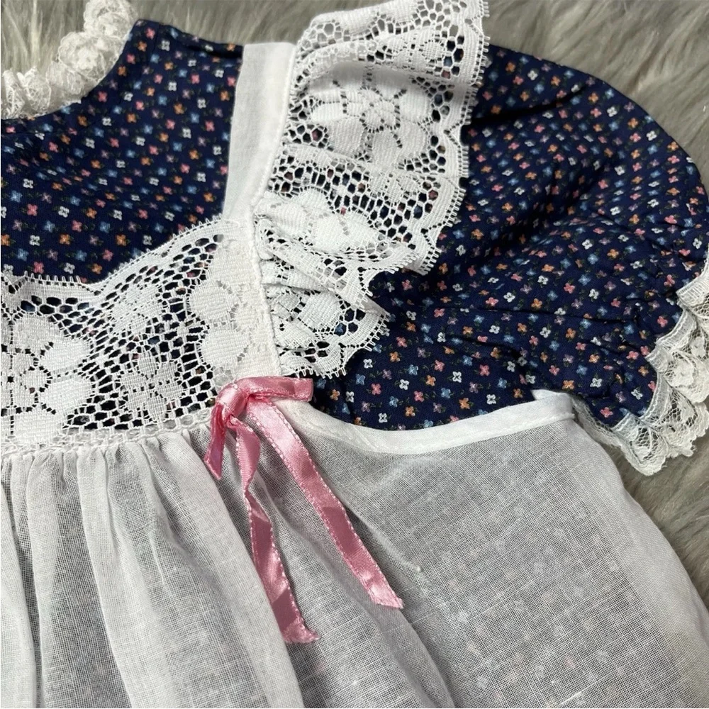 Vintage Winnie The Pooh Brand Girls Navy Pink White Lace Pinafore Dress